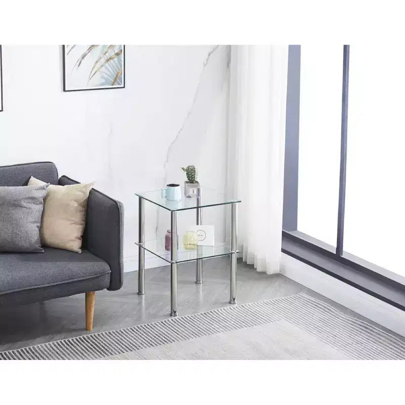 Lot de 2 tables d'appoint en verre transparent, tables de chevet modernes à 2 niveaux avec étagère de rangement pour salon et chambre à coucher