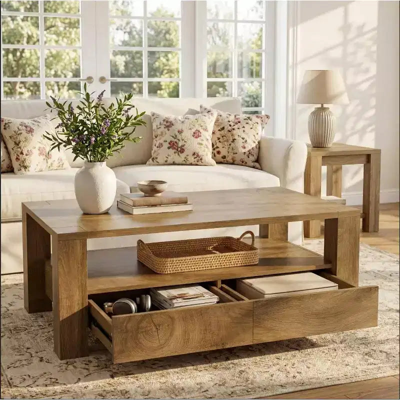 Lantine Table basse de ferme avec rangement, grande table basse rectangulaire de 119 cm avec 2 tiroirs, table de centre de salon en bois