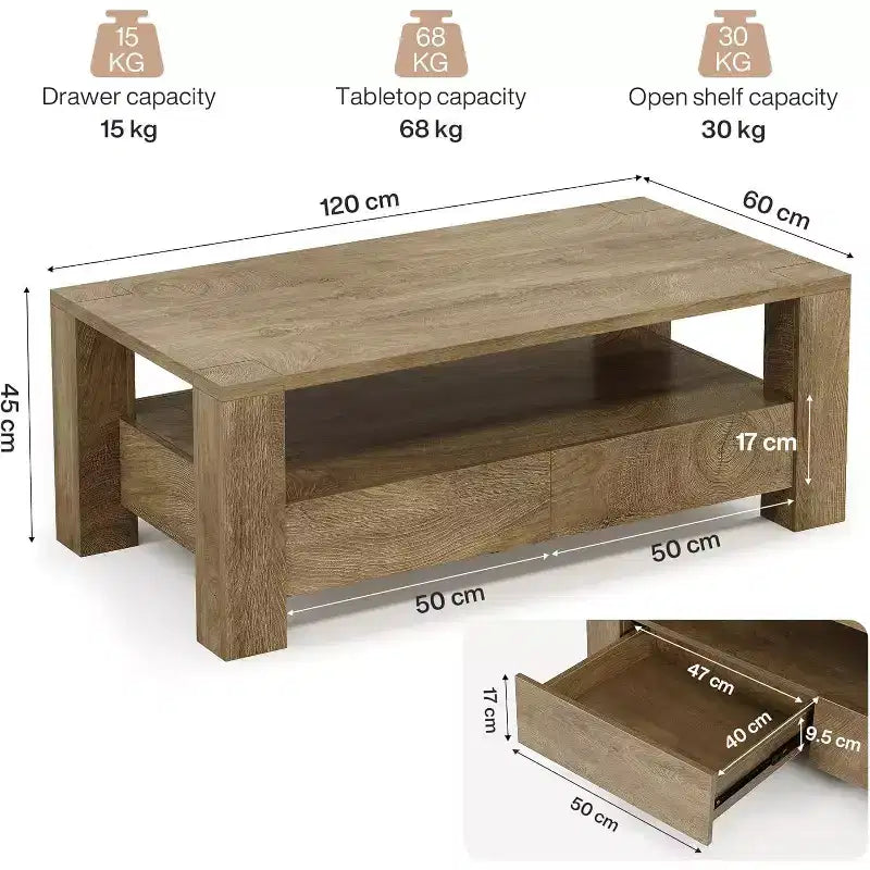 Lantine Table basse de ferme avec rangement, grande table basse rectangulaire de 119 cm avec 2 tiroirs, table de centre de salon en bois