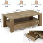 Lantine Table basse de ferme avec rangement, grande table basse rectangulaire de 119 cm avec 2 tiroirs, table de centre de salon en bois