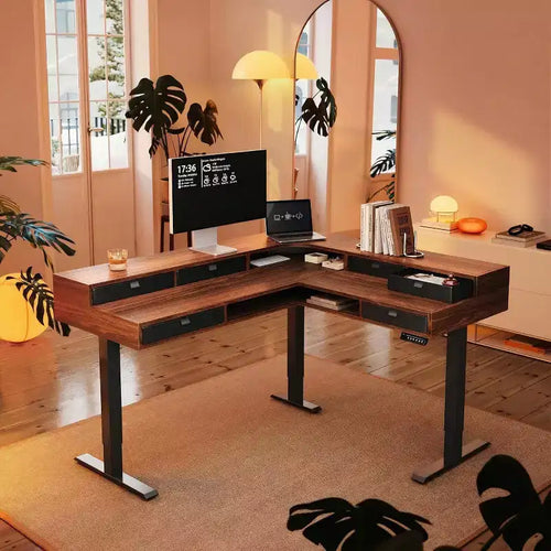 65.5 X 57.6 In Electric L Shaped Standing Desk with 6 Storage Drawers, 2-Tier Corner Sit Stand Desk, Height Adjustable Computer Gaming Table, Walnut