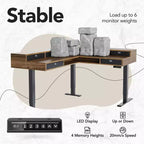 Bureau d'angle électrique en forme de L de 166,4 x 146,3 cm avec 6 tiroirs de rangement, bureau assis-debout d'angle à 2 niveaux, table de jeu d'ordinateur réglable en hauteur, Noyer