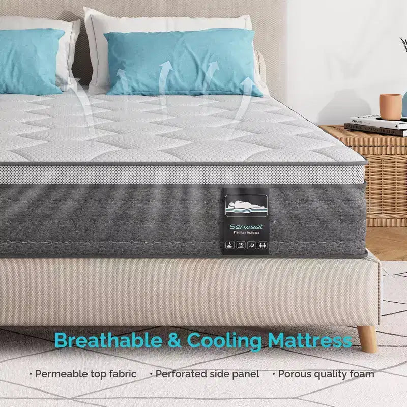 Matelas Serweet 8 pouces sans fibre de verre 5 zones – Compatible avec lit plateforme, sommier tapissier ou base à lattes