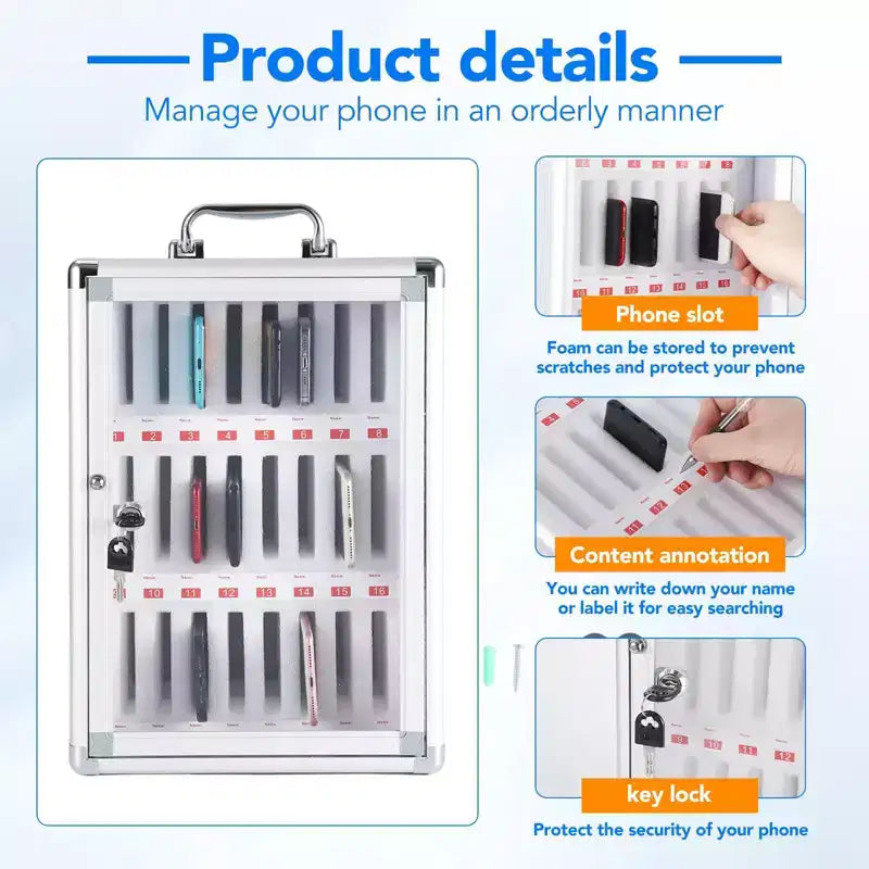 Casier pour téléphone portable, armoire de rangement pour téléphone en alliage d'aluminium avec serrure à clé et doublure EPE, à fixer au mur ou à poser, pour bureau, salle de classe, salle de sport