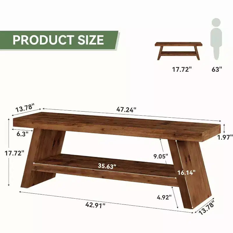 Banc d'entrée Lantine à 2 niveaux, banc d'assise en bois massif pour couloir avec étagères ouvertes, banc à chaussures en bois d'intérieur pour entrée, salon (marron rustique)