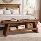 Banc d'entrée Lantine à 2 niveaux, banc d'assise en bois massif pour couloir avec étagères ouvertes, banc à chaussures en bois d'intérieur pour entrée, salon (marron rustique)