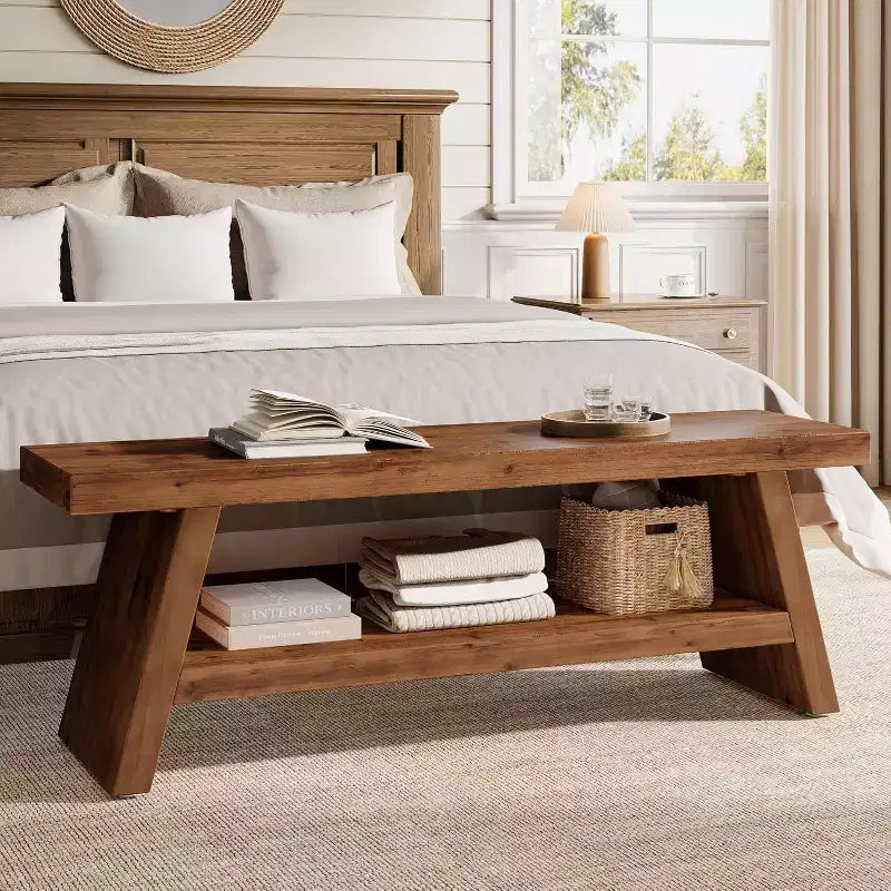 Banc d'entrée Lantine à 2 niveaux, banc d'assise en bois massif pour couloir avec étagères ouvertes, banc à chaussures en bois d'intérieur pour entrée, salon (marron rustique)