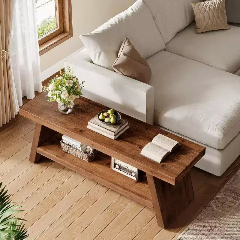 Banc d'entrée Lantine à 2 niveaux, banc d'assise en bois massif pour couloir avec étagères ouvertes, banc à chaussures en bois d'intérieur pour entrée, salon (marron rustique)