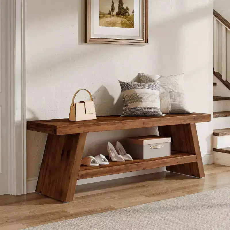Banc d'entrée Lantine à 2 niveaux, banc d'assise en bois massif pour couloir avec étagères ouvertes, banc à chaussures en bois d'intérieur pour entrée, salon (marron rustique)