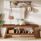 Banc d'entrée Lantine à 2 niveaux, banc d'assise en bois massif pour couloir avec étagères ouvertes, banc à chaussures en bois d'intérieur pour entrée, salon (marron rustique)