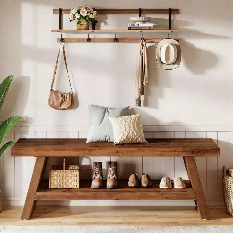 Banc d'entrée Lantine à 2 niveaux, banc d'assise en bois massif pour couloir avec étagères ouvertes, banc à chaussures en bois d'intérieur pour entrée, salon (marron rustique)