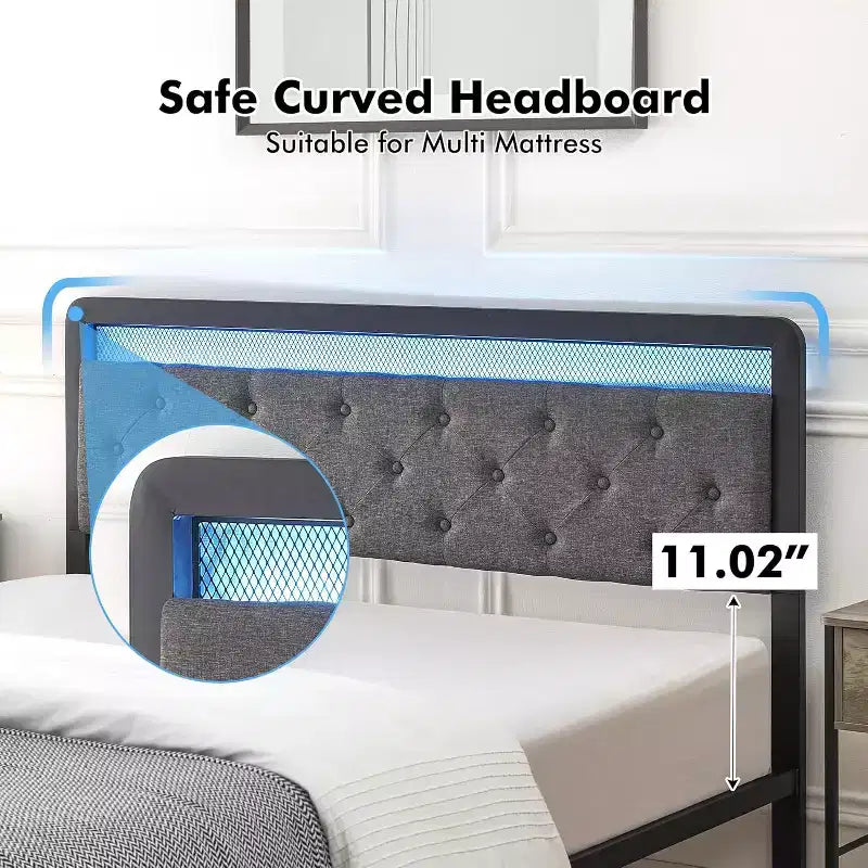 Lit double en métal avec plate-forme, lumières LED et 2 tiroirs de rangement, silencieux, sans sommier requis, montage facile, gris