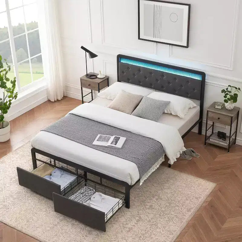 Lit double en métal avec plate-forme, lumières LED et 2 tiroirs de rangement, silencieux, sans sommier requis, montage facile, gris