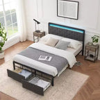 Lit double en métal avec plate-forme, lumières LED et 2 tiroirs de rangement, silencieux, sans sommier requis, montage facile, gris