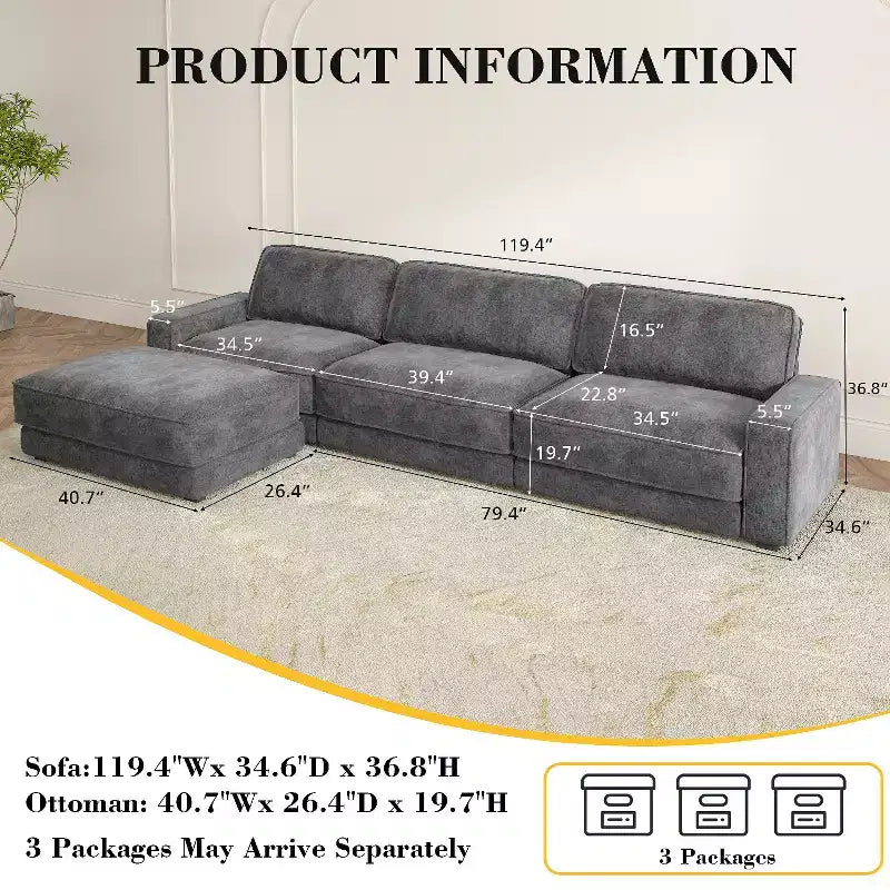 Dyonery 119 Canapé d'angle modulable convertible, Tissu CHENILLE, Canapé d'angle moderne surdimensionné avec assise profonde, Montage sans outils, Vert