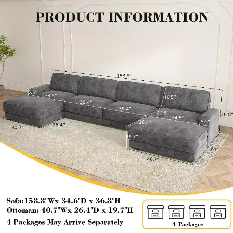 Dyonery 119 Canapé d'angle modulable convertible, Tissu CHENILLE, Canapé d'angle moderne surdimensionné avec assise profonde, Montage sans outils, Vert