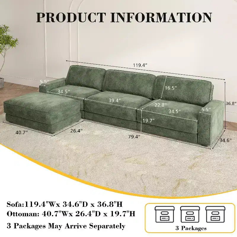 Dyonery 119 Canapé d'angle modulable convertible, Tissu CHENILLE, Canapé d'angle moderne surdimensionné avec assise profonde, Montage sans outils, Vert