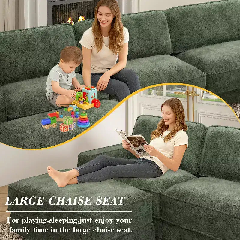Dyonery 119 Canapé d'angle modulable convertible, Tissu CHENILLE, Canapé d'angle moderne surdimensionné avec assise profonde, Montage sans outils, Vert