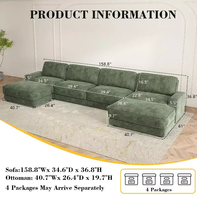 Dyonery 119 Canapé d'angle modulable convertible, Tissu CHENILLE, Canapé d'angle moderne surdimensionné avec assise profonde, Montage sans outils, Vert