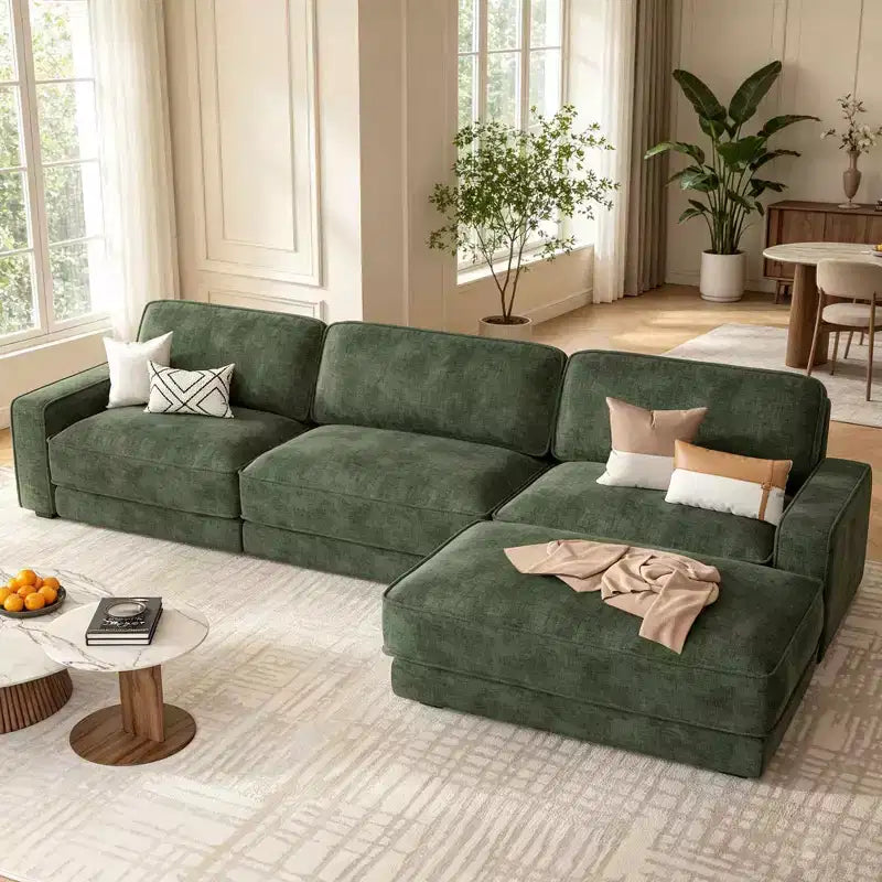 Dyonery 119 Canapé d'angle modulable convertible, Tissu CHENILLE, Canapé d'angle moderne surdimensionné avec assise profonde, Montage sans outils, Vert