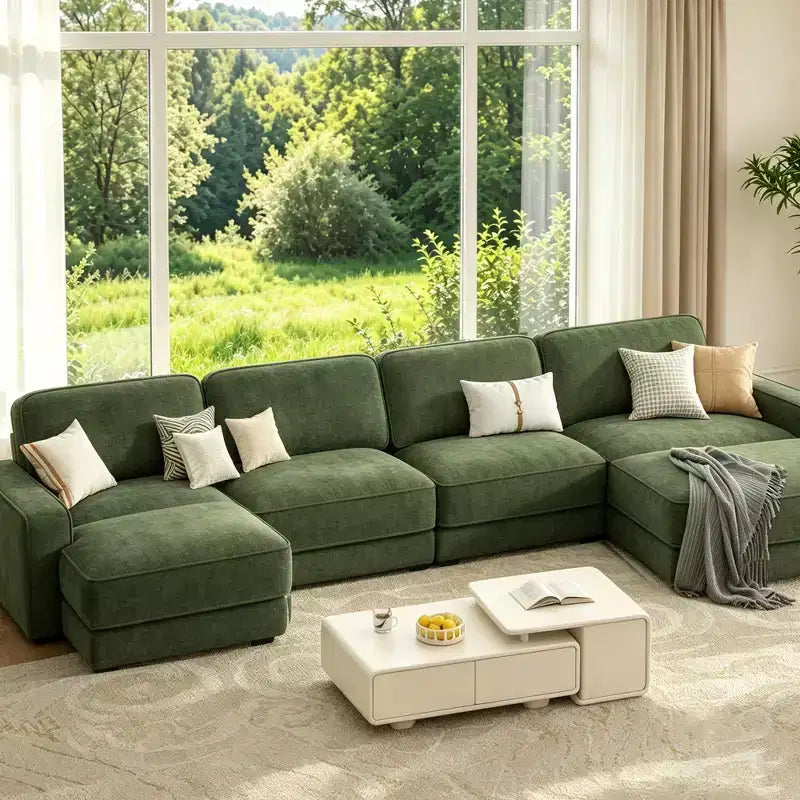 Dyonery 119 Canapé d'angle modulable convertible, Tissu CHENILLE, Canapé d'angle moderne surdimensionné avec assise profonde, Montage sans outils, Vert