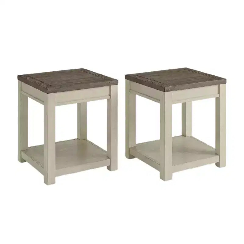 ROME + OAK Tate Farmhouse Wood End Table with Shelf, Brown and Cream, 2 Pack