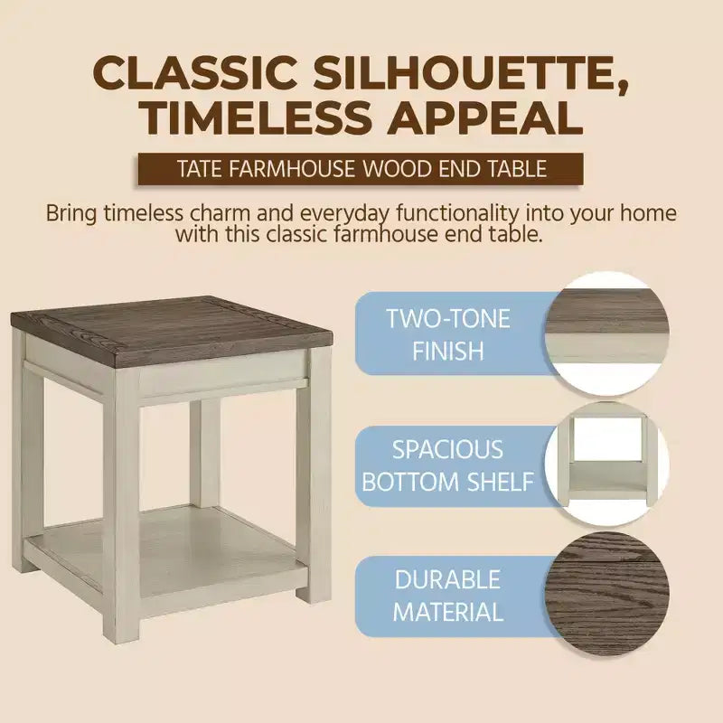ROME + OAK Tate Table d'appoint de ferme en bois avec étagère, marron et crème, lot de 2
