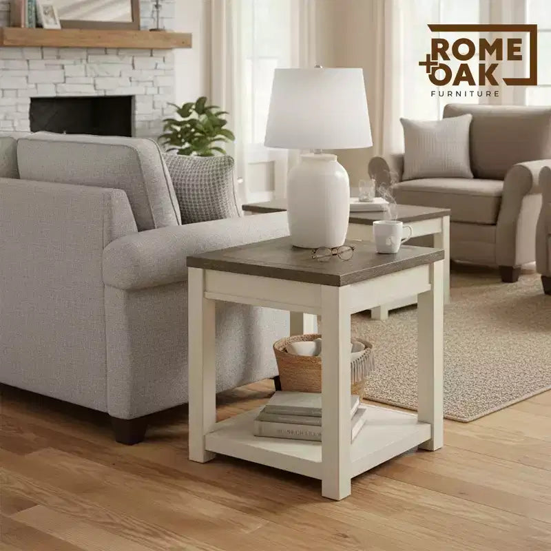 ROME + OAK Tate Table d'appoint de ferme en bois avec étagère, marron et crème, lot de 2