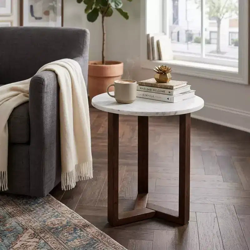Royal Hampton Fina 20 Inch Round Side End Table, White Genuine Marble Top, Natural Brown Mango Wood 3 Leg Sled Base