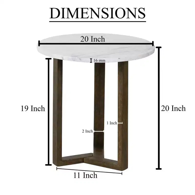 Table d'appoint ronde Royal Hampton Fina 20 pouces, plateau en marbre véritable blanc, base luge à 3 pieds en bois de manguier brun naturel