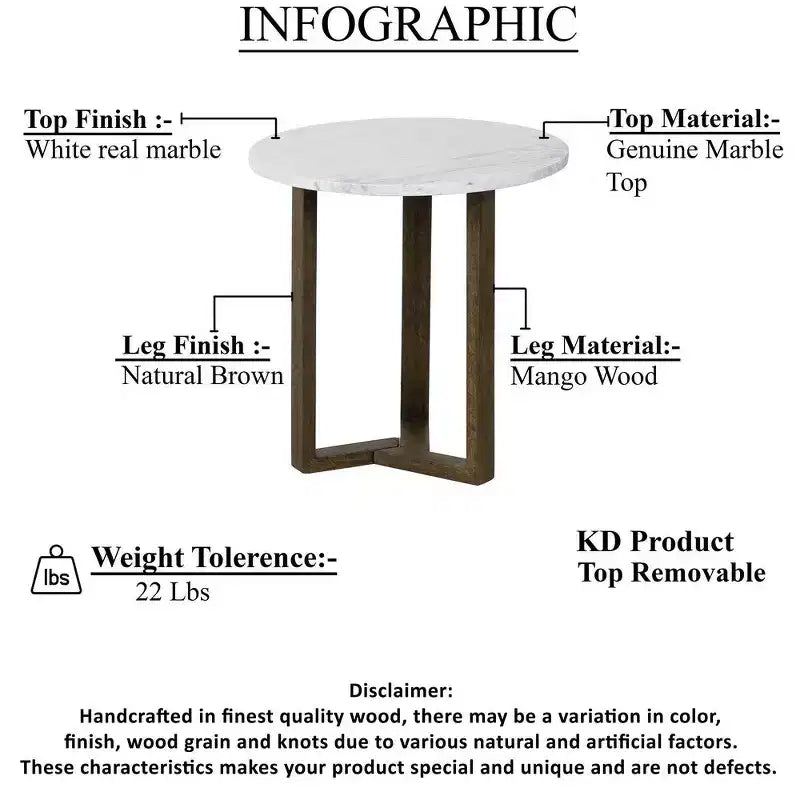 Table d'appoint ronde Royal Hampton Fina 20 pouces, plateau en marbre véritable blanc, base luge à 3 pieds en bois de manguier brun naturel