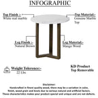 Table d'appoint ronde Royal Hampton Fina 20 pouces, plateau en marbre véritable blanc, base luge à 3 pieds en bois de manguier brun naturel