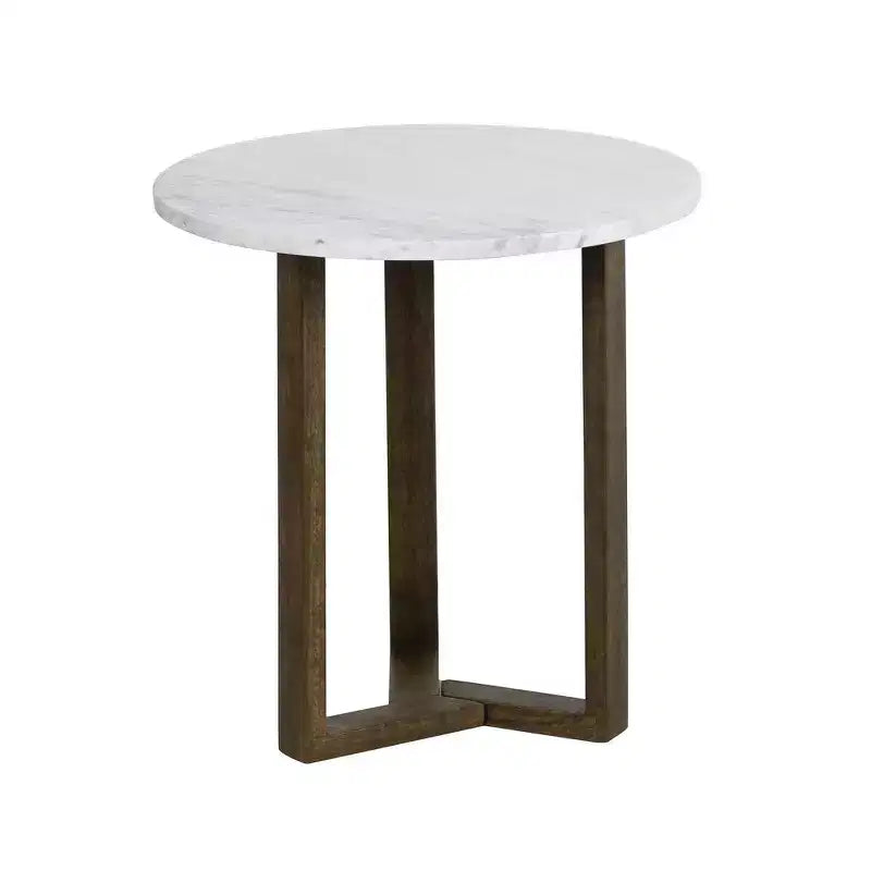 Table d'appoint ronde Royal Hampton Fina 20 pouces, plateau en marbre véritable blanc, base luge à 3 pieds en bois de manguier brun naturel