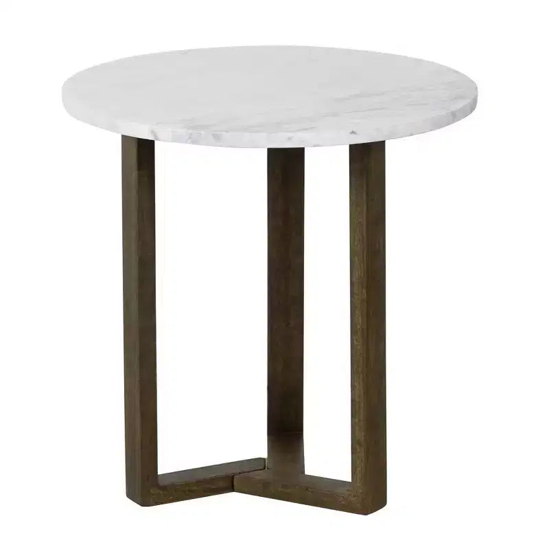 Table d'appoint ronde Royal Hampton Fina 20 pouces, plateau en marbre véritable blanc, base luge à 3 pieds en bois de manguier brun naturel