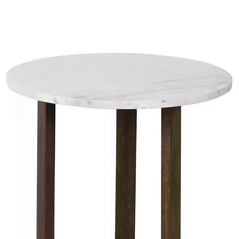 Table d'appoint ronde Royal Hampton Fina 20 pouces, plateau en marbre véritable blanc, base luge à 3 pieds en bois de manguier brun naturel