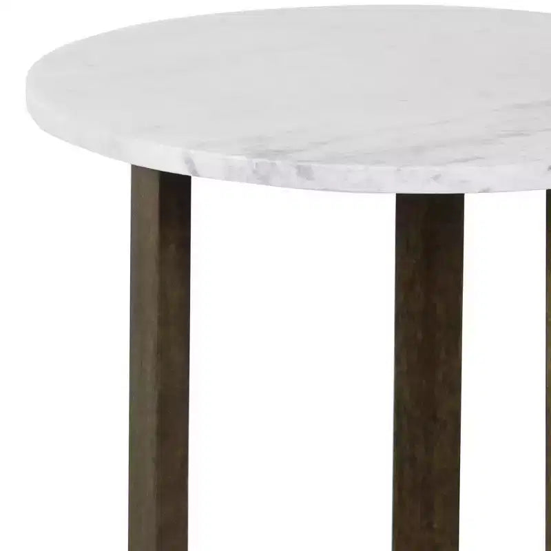 Table d'appoint ronde Royal Hampton Fina 20 pouces, plateau en marbre véritable blanc, base luge à 3 pieds en bois de manguier brun naturel