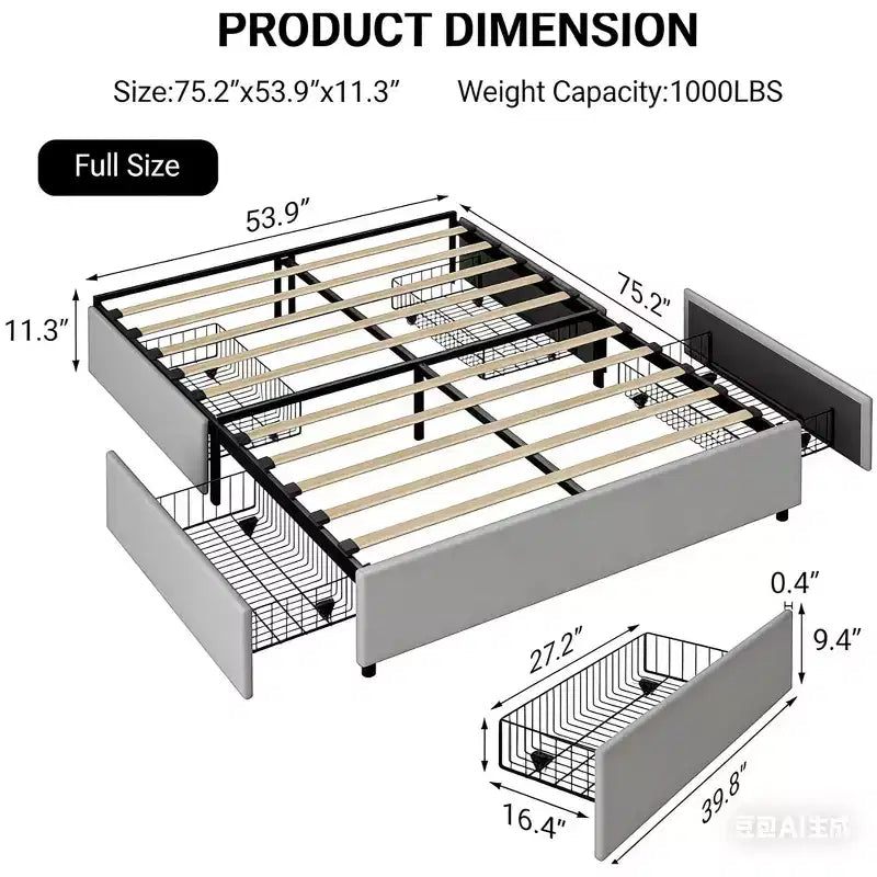 Cadre de lit plateforme, capitonné en tissu avec 4 tiroirs de rangement, support à lattes en bois, pas besoin de sommier, sans bruit, assemblage facile, gris, taille double