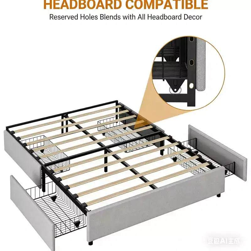 Cadre de lit plateforme, capitonné en tissu avec 4 tiroirs de rangement, support à lattes en bois, pas besoin de sommier, sans bruit, assemblage facile, gris, taille double