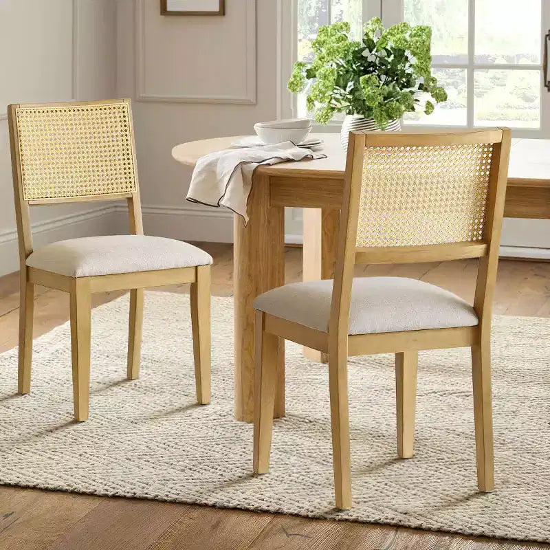 Lot de 6 chaises de salle à manger en bois avec dossier en rotin tressé et assise rembourrée, chaises d'appoint pour la cuisine, la salle à manger ou le coin petit-déjeuner-Panipeachy