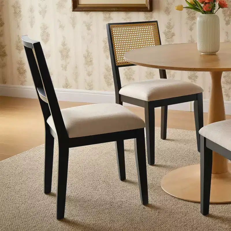 Lot de 6 chaises de salle à manger en bois avec dossier en rotin tressé et assise rembourrée, chaises d'appoint pour la cuisine, la salle à manger ou le coin petit-déjeuner-Panipeachy