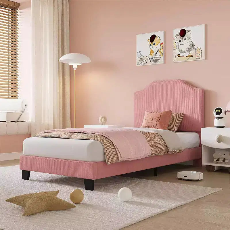 Twin Size Velvet Bed Frame, Adjustable Headboard, Soft Corduroy Upholstered Platform, Durable Wooden Slats, Noise Free, No Box Spring Needed, Pink