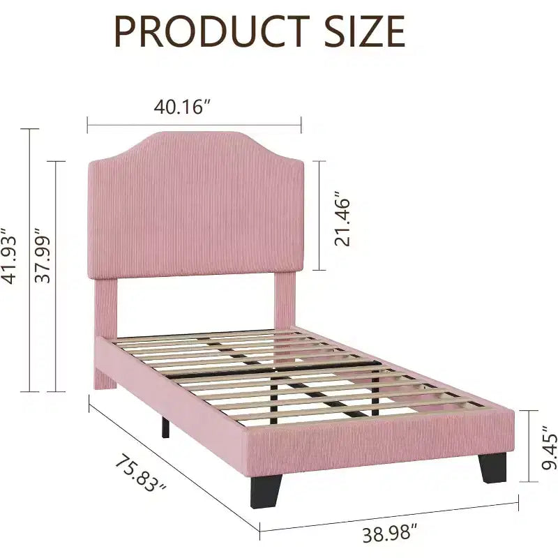 Cadre de lit double en velours, tête de lit réglable, plateforme rembourrée en velours côtelé doux, lattes en bois durables, silencieux, pas besoin de sommier tapissier, rose