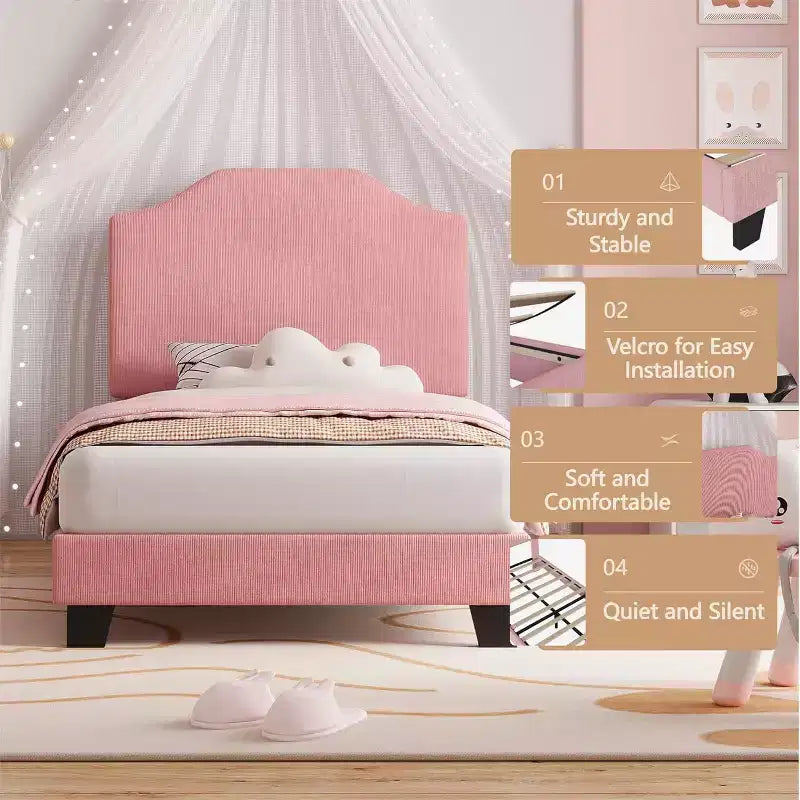 Cadre de lit double en velours, tête de lit réglable, plateforme rembourrée en velours côtelé doux, lattes en bois durables, silencieux, pas besoin de sommier tapissier, rose