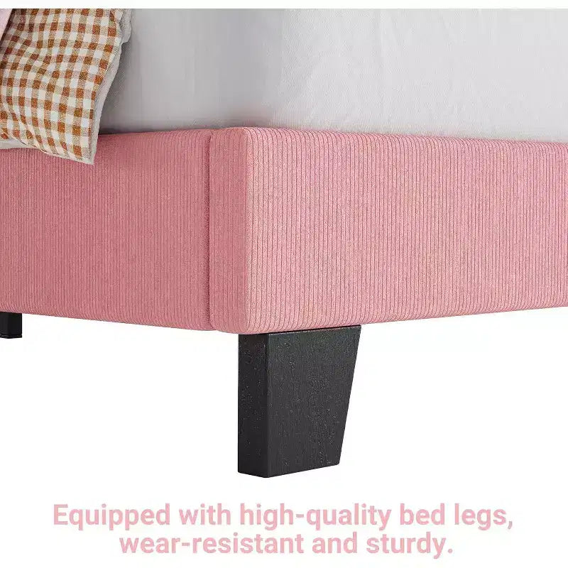 Cadre de lit double en velours, tête de lit réglable, plateforme rembourrée en velours côtelé doux, lattes en bois durables, silencieux, pas besoin de sommier tapissier, rose