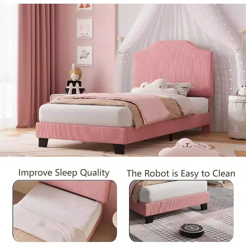 Cadre de lit double en velours, tête de lit réglable, plateforme rembourrée en velours côtelé doux, lattes en bois durables, silencieux, pas besoin de sommier tapissier, rose