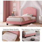 Cadre de lit double en velours, tête de lit réglable, plateforme rembourrée en velours côtelé doux, lattes en bois durables, silencieux, pas besoin de sommier tapissier, rose