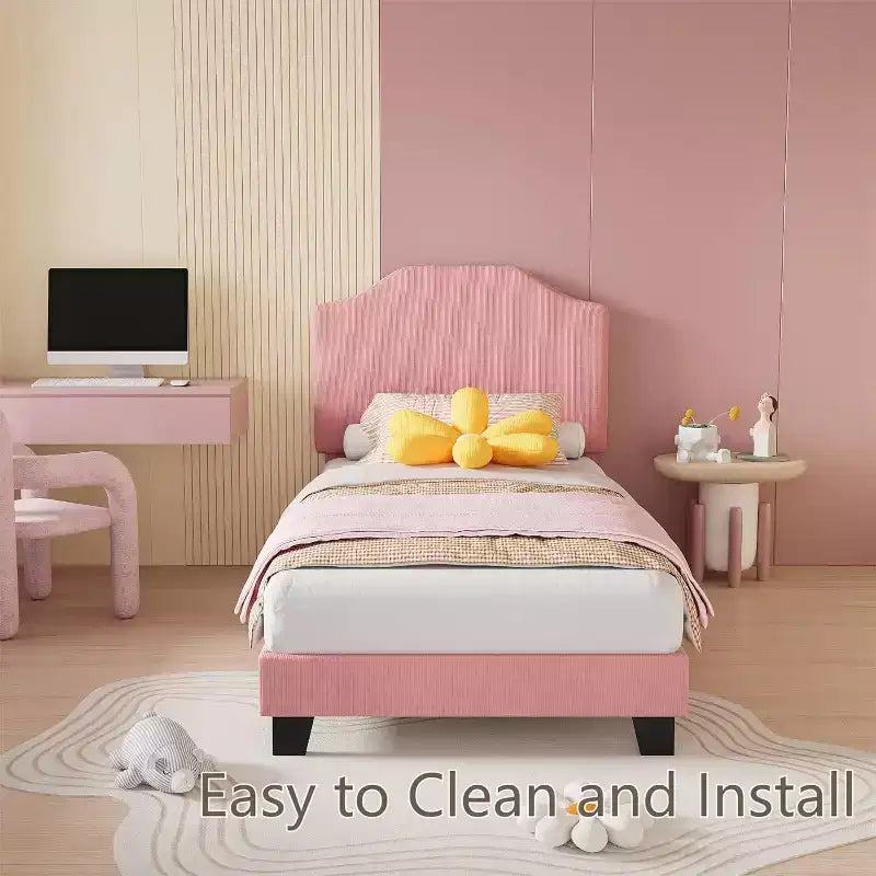 Cadre de lit double en velours, tête de lit réglable, plateforme rembourrée en velours côtelé doux, lattes en bois durables, silencieux, pas besoin de sommier tapissier, rose