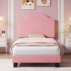 Cadre de lit double en velours, tête de lit réglable, plateforme rembourrée en velours côtelé doux, lattes en bois durables, silencieux, pas besoin de sommier tapissier, rose