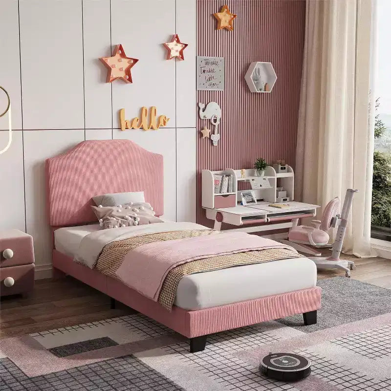 Cadre de lit double en velours, tête de lit réglable, plateforme rembourrée en velours côtelé doux, lattes en bois durables, silencieux, pas besoin de sommier tapissier, rose