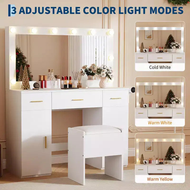 Coiffeuse avec miroir, bureau de maquillage avec tiroirs et tabouret de rangement, table de maquillage blanche pour chambre à coucher ou appartement